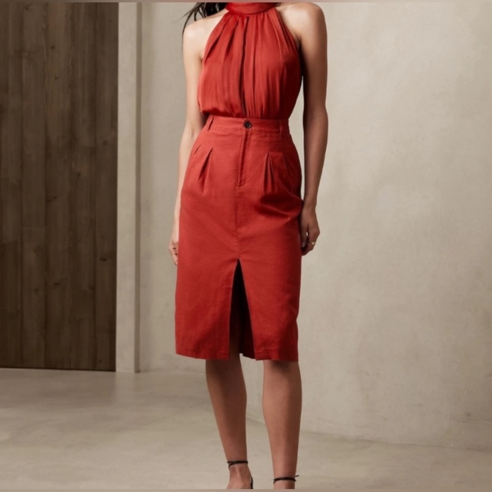 Burnt Orange Linen Pencil Skirt